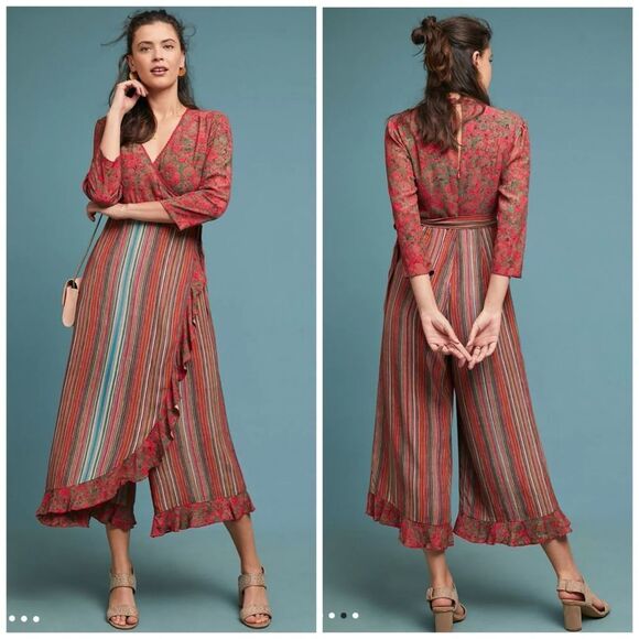 Anthropologie Mitchell Jumpsuit Mixed Print Floral Stripes Size Small Ruffled - Picture 1 of 16